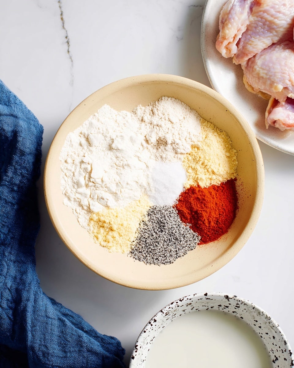 The image shows a beige bowl with seven different powders layered beside each other, arranged in small piles with colors including white, off-white, pale yellow, light beige, black specks, bright orange, and deep red. To the top right, there is a white plate with pale pink raw chicken pieces that have a slightly yellowish skin. At the bottom, there is a white bowl with black speckles filled with a white liquid, possibly milk or buttermilk. To the left side of the scene, a blue cloth is partially visible, all placed on a white marbled surface. photo taken with an iphone --ar 4:5 --v 7
