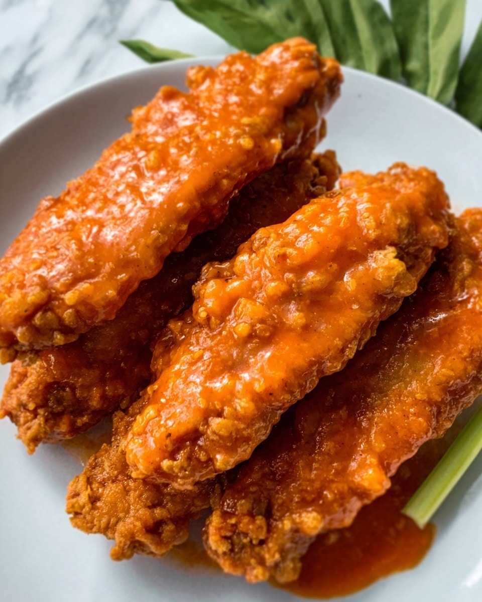 The image shows three long strips of crispy fried chicken wings on a white plate. The chicken wings are covered in a thick, shiny orange sauce that looks smooth and sticky. The fried skin underneath the sauce is rough and crunchy with small crispy bits visible on the edges. The plate is placed on a white marbled surface and there are green leaves partly visible in the background. photo taken with an iphone --ar 4:5 --v 7