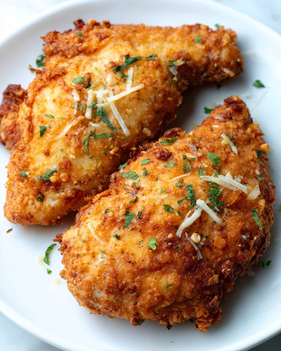 The image shows two golden brown fried chicken pieces on a white plate. Each piece has a crispy, crunchy coating with small bits of seasoning and herbs sprinkled on top, including small green parsley pieces and thin slivers of white cheese. The chicken looks well cooked with a rough texture on the outside. The white plate rests on a white marbled surface. photo taken with an iphone --ar 4:5 --v 7