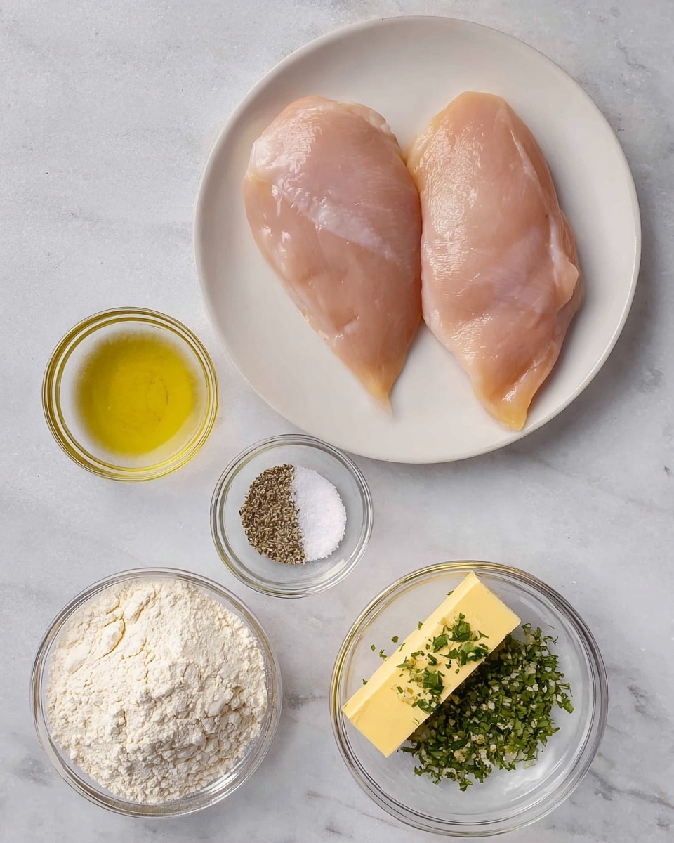 The image shows two raw chicken pieces, light pink in color and smooth in texture, placed on a white round plate near the top center of the frame. Below the plate, there are four small glass bowls arranged in a loose semicircle on a white marbled surface. The bowl on the left contains white flour with a powdery texture. Next to it, a bowl filled with yellow olive oil with a shiny surface. In the middle, a bowl holding white salt and black pepper side by side, creating a contrast. On the right, a bowl with two yellow sticks of butter topped with chopped green herbs and minced garlic, adding texture and color. The whole arrangement is viewed from above. photo taken with an iphone --ar 4:5 --v 7