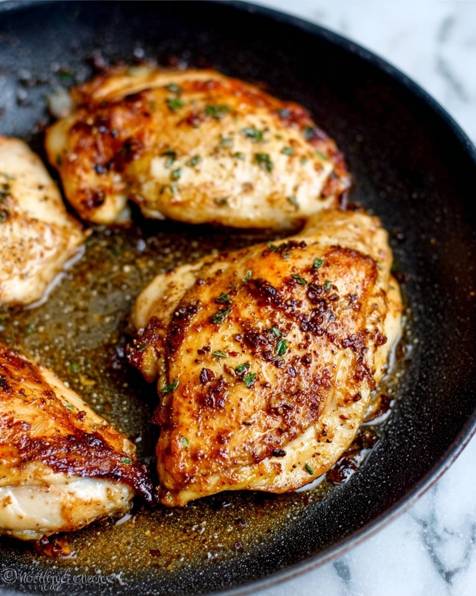 The image shows three cooked chicken pieces in a round black pan. Each piece has a golden brown color with dark brown spots from cooking, covered with small herbs and spices scattered on top and around them. The chicken skin looks crispy with some shiny areas from oil or juices. The pan surface is slightly oily and has small browned bits, showing the cooking process. The background has a white marbled texture. Photo taken with an iphone --ar 4:5 --v 7