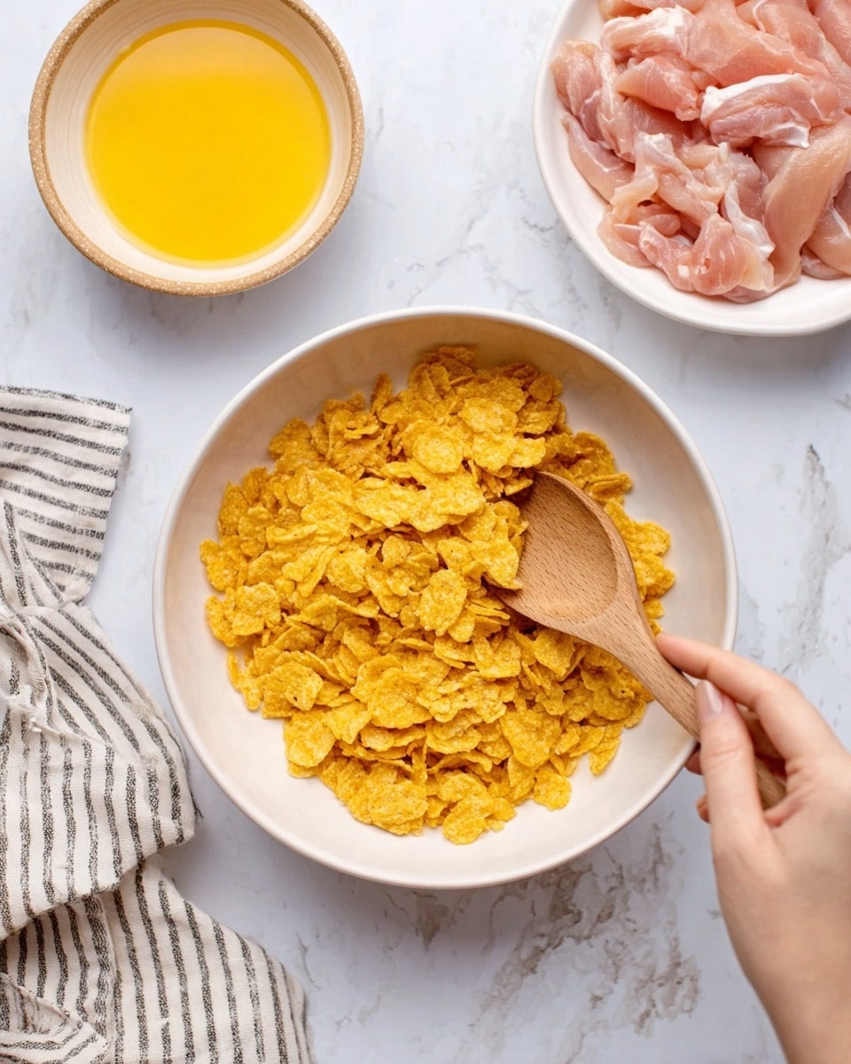 The image shows a white bowl filled with golden crispy cornflakes in the center. A wooden spoon is placed inside the bowl, held by a woman's hand stirring the flakes. To the top left, there is another white bowl with yellow beaten eggs, and to the top right, a white bowl contains raw pink chicken strips. The background is a white marbled surface with a striped cloth partially visible on the left side. Photo taken with an iphone --ar 4:5 --v 7