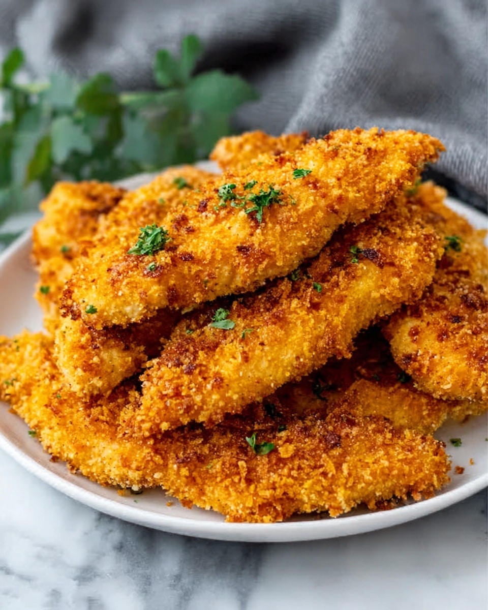 The image shows a white plate full of golden brown crispy chicken strips stacked on each other, with a crunchy texture coating that looks well fried with small bits of crumbs visible on the surface. There is a small sprinkle of green herb garnish on the top strips, adding a touch of color. The plate is placed on a white marbled surface, and some soft green plants and a grey cloth can be seen blurred in the background. photo taken with an iphone --ar 4:5 --v 7