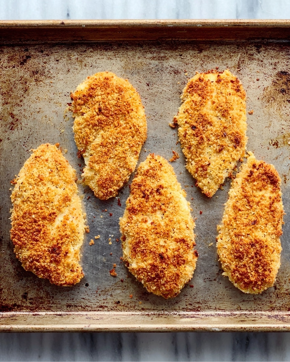 Four pieces of breaded chicken are placed in a single row on a metal baking tray. Each piece is golden brown with a textured, crispy coating that covers the entire surface. The tray has a slightly worn and speckled look with some browning marks around the edges of the chicken. The background below the tray is a white marble texture. photo taken with an iphone --ar 4:5 --v 7