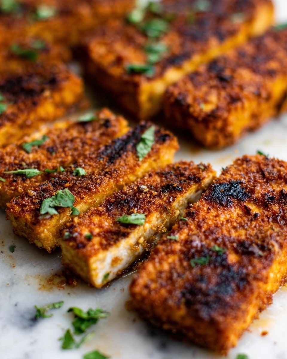 The image shows several pieces of crispy golden-brown tofu with a crunchy textured crust on a white marbled surface. Each piece is cut into smaller rectangular sections with visible grill marks. Small green herb leaves are scattered around the tofu pieces, adding a touch of fresh color. The tofu looks well-seasoned and slightly oily, with some darker browned spots. photo taken with an iphone --ar 4:5 --v 7