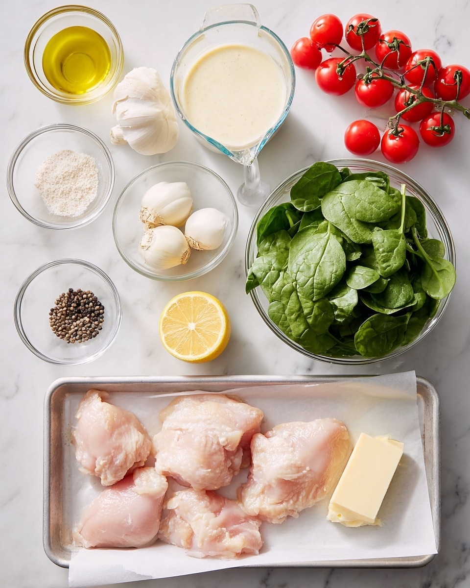 The image shows a cooking setup with raw chicken pieces as the main focus, placed on a white parchment-lined silver tray at the bottom. Above the tray, there are clear glass bowls and small dishes aligned neatly on a white marbled surface. On the left, there is a small bowl of olive oil, a bowl of salt, and black peppercorns. Next to these is a glass measuring cup filled with creamy white sauce. Centered is a large glass bowl filled with fresh green spinach leaves. To its right, a bright yellow lemon is placed near a small dish of butter and a chunk of pale yellow cheese. There are two garlic cloves and a bunch of small, round, red cherry tomatoes attached to their stems at the top right corner. The overall setup is clean, simple, and organized, with a focus on fresh ingredients ready for cooking. Photo taken with an iphone --ar 4:5 --v 7