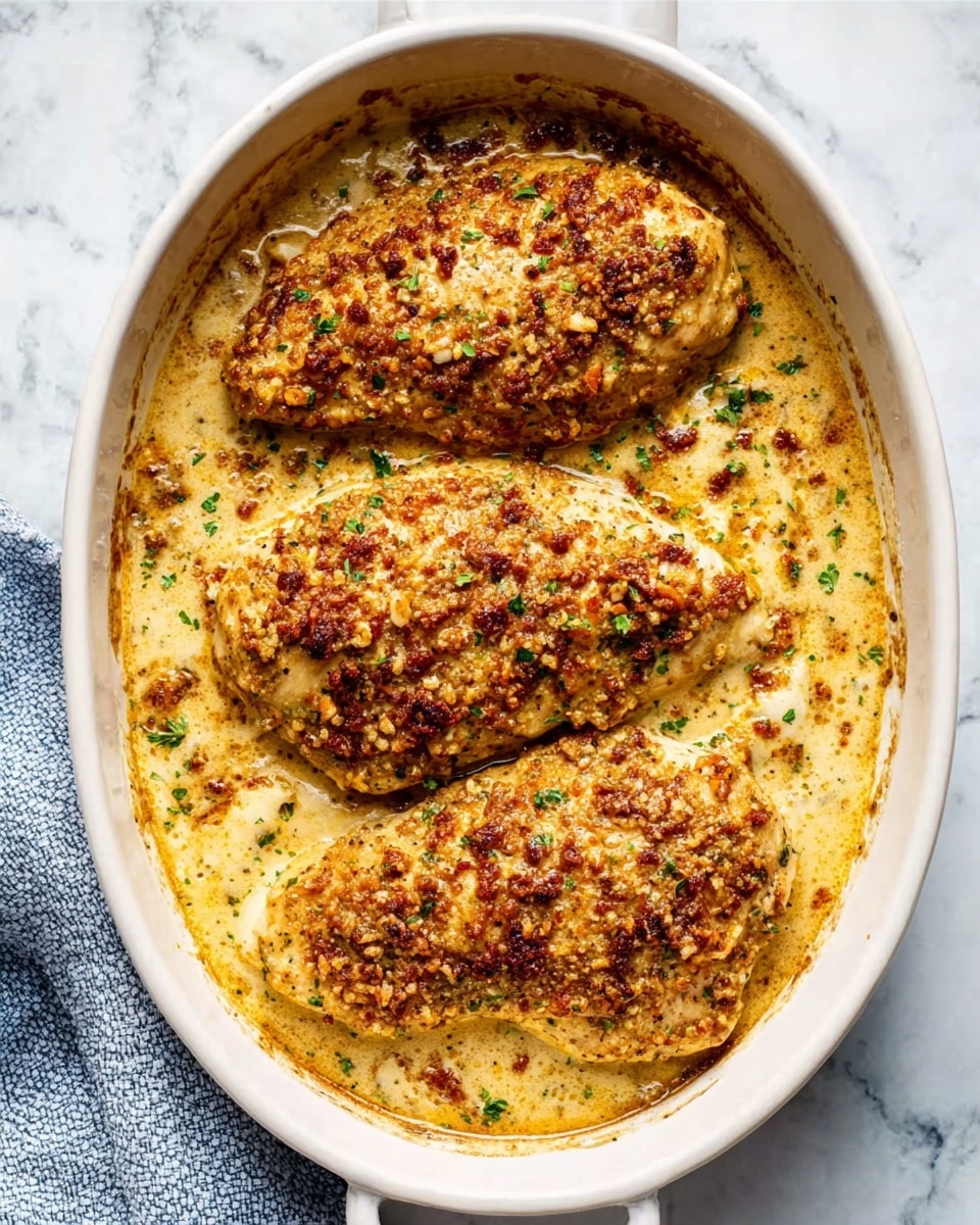 The image shows a white oval baking dish with three large pieces of cooked chicken placed side by side. The chicken is golden brown with a crunchy, crumbly texture on top, covered in bits of herbs and spices. The dish is filled with creamy sauce that has a smooth, slightly thick consistency and is light yellowish in color. The baking dish is on a white marbled surface with part of a blue and white cloth visible in the corner. Photo taken with an iphone --ar 4:5 --v 7