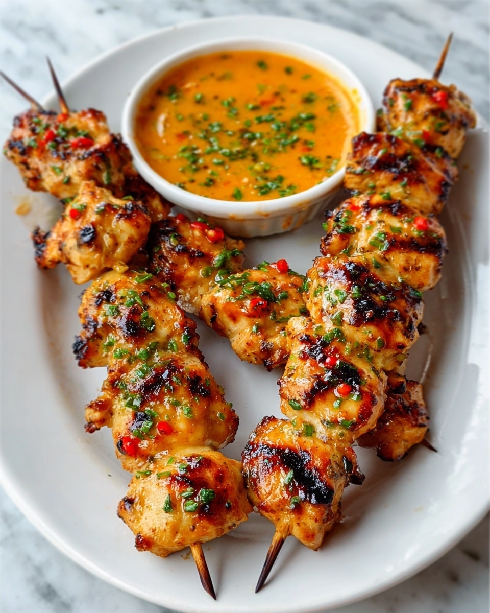 The image shows two skewers of grilled chicken pieces placed on a white plate. The chicken pieces are golden brown with char marks and small bits of red chili flakes and chopped green herbs sprinkled over them. Between the two skewers in the center of the plate is a small white bowl filled with an orange-colored sauce topped with finely chopped green herbs. The plate sits on a white marbled surface. The photo taken with an iphone --ar 4:5 --v 7