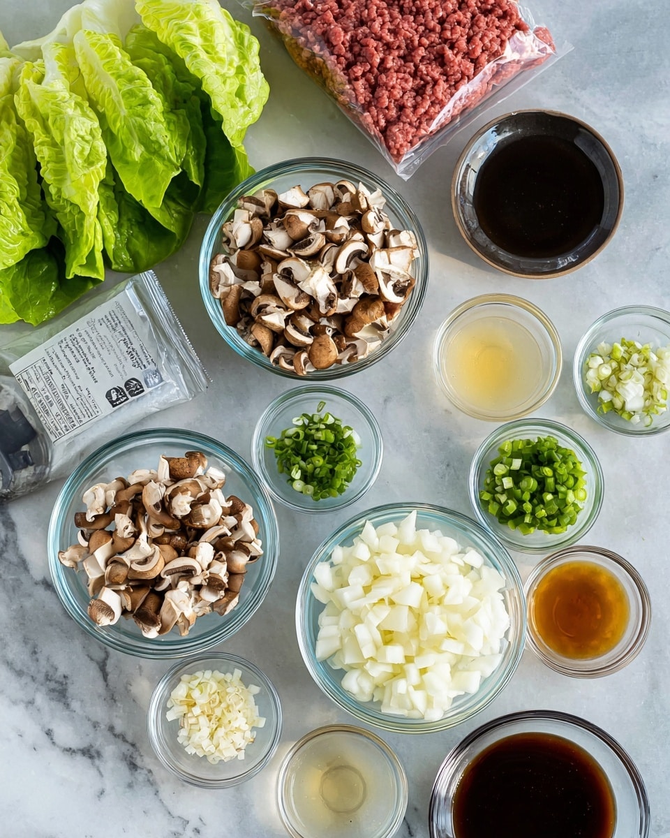 The image shows several small clear glass bowls arranged neatly on a white marbled surface, each filled with different ingredients: one bowl contains finely chopped mushrooms with a mix of brown and white pieces, another has small cubes of white onion, and a third is filled with diced white water chestnuts. Around these, there are smaller bowls holding minced garlic, minced ginger, chopped green onions, salt, ground black pepper, and three different light-colored liquids likely soy sauce, sesame oil, and vinegar. A larger bowl holds a dark brown sauce, and there is a packet of raw ground beef and fresh green lettuce leaves placed nearby in the background. All items are cleanly laid out and ready for cooking photo taken with an iphone --ar 4:5 --v 7