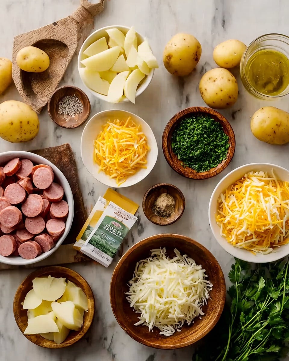 The image shows an overhead view of various cooking ingredients arranged on a white marbled surface. There are two white bowls with peeled potatoes, one with thin potato slices and shredded yellow cheese on top, and the other with potato wedges and shredded cheese. Nearby, there is a white bowl filled with sliced sausage pieces that are pinkish-red inside, and a white bowl of diced white onions. Two wooden bowls contain shredded cheddar cheese and chopped fresh green herbs, while small wooden bowls hold black pepper and pepper mixed with salt. A stream of light golden cooking oil sits in a small clear glass, with a packet of seasoning placed close by. Fresh green herb sprigs rest on the surface to the right, and several whole small yellow potatoes lay on a wooden scoop towards the top left. photo taken with an iphone --ar 4:5 --v 7