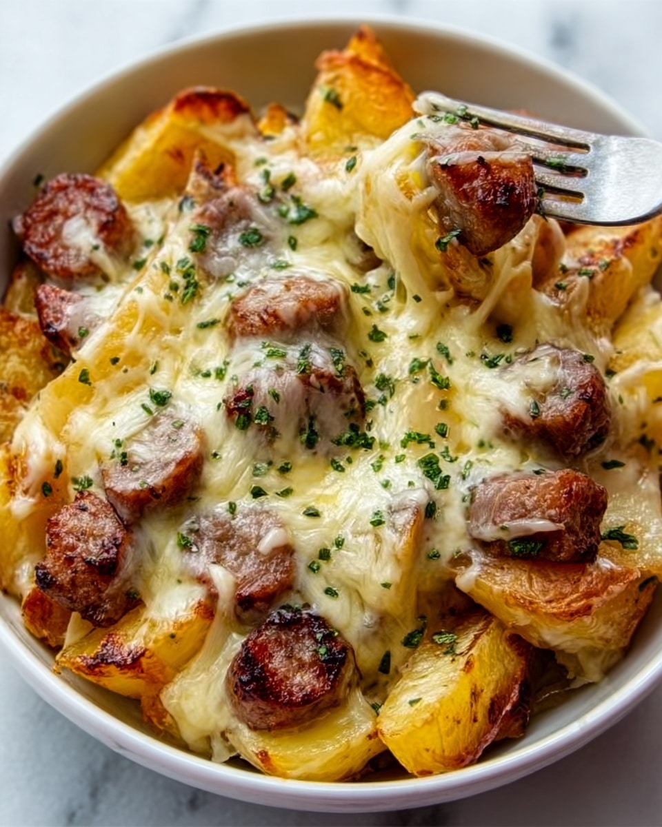 A white bowl filled with a layered dish consisting of golden baked potato wedges at the bottom, topped with chunks of browned sausage scattered evenly throughout. On top of the sausage and potatoes is a layer of creamy melted cheese with a smooth and slightly stringy texture, sprinkled with small bits of finely chopped green herbs. A woman's hand holding a fork is visible at the edge of the bowl. The bowl is placed on a white marbled surface. photo taken with an iphone --ar 4:5 --v 7
