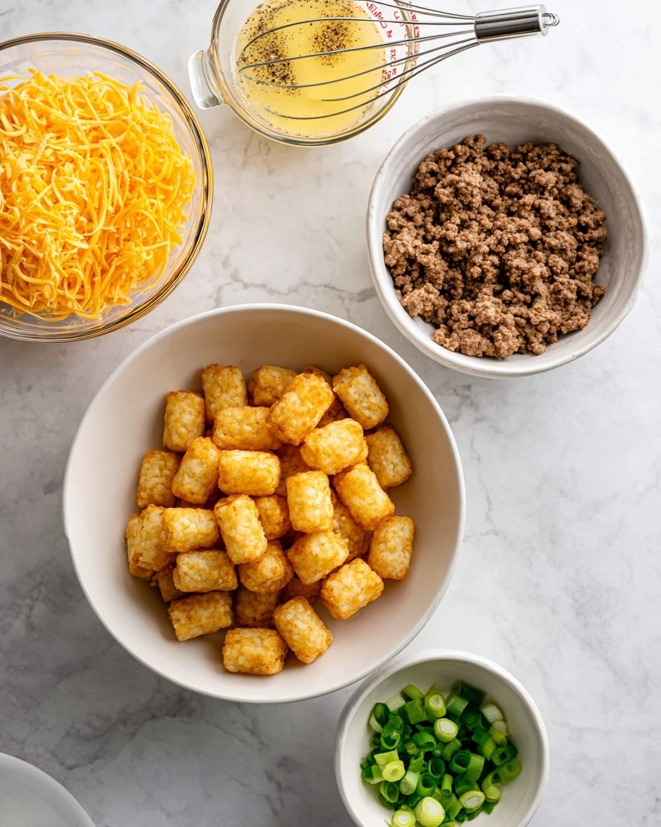 A top-down view shows four bowls on a white marbled surface, each containing different ingredients. The largest white bowl at the center holds a layer of golden brown, crispy tater tots stacked unevenly. Above it, a smaller white bowl contains cooked browned ground meat with a crumbly texture. To the left, a clear glass bowl is filled with fine, shredded bright orange cheese. Above the cheese, a clear measuring cup holds a mixed yellow liquid layer with visible black pepper, a whisk resting inside. Below the main bowl, a small white bowl contains sliced green onions in neat pieces. The scene looks clean and bright with natural lighting, prepared for cooking photo taken with an iphone --ar 4:5 --v 7