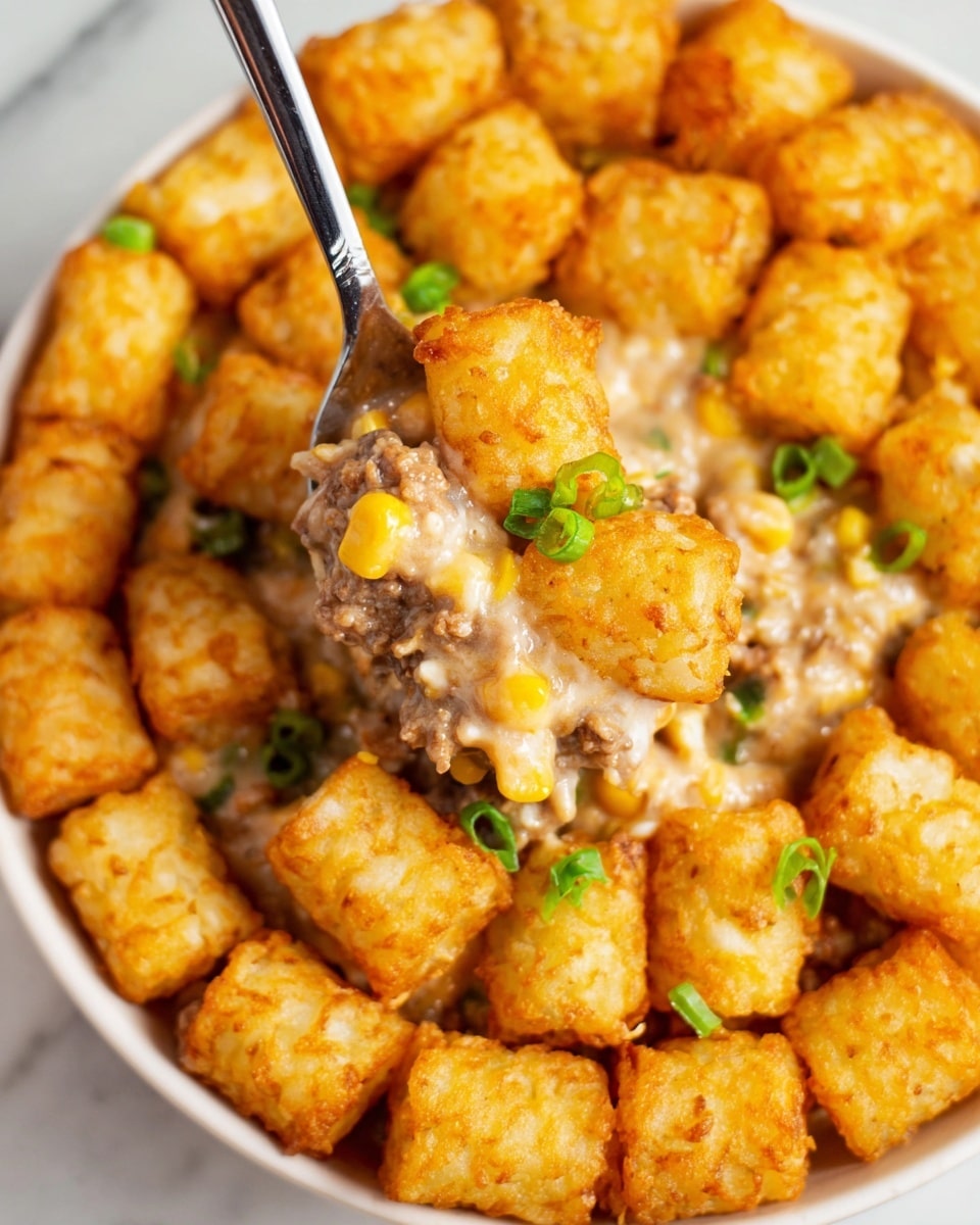 The dish shows many small, golden brown, square-shaped crispy tater tots spread evenly in a shallow white bowl on a white marbled surface. Underneath and between the layers of tater tots is a creamy mixture of ground meat, pale yellow corn kernels, and small bits of translucent onion, all coated in a light beige sauce. Bright green chopped scallions are scattered on top, adding a fresh pop of color. A silver spoon lifts a bite of the creamy mixture combined with three tater tots, highlighting the thick, rich texture and warm colors of the dish. Photo taken with an iphone --ar 4:5 --v 7