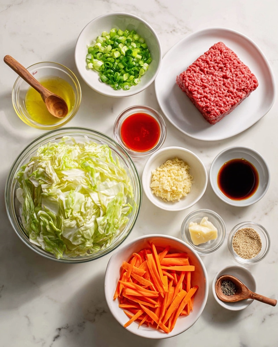 A collection of ingredients is arranged neatly on a white marbled surface. In the center, a clear glass bowl holds light green and white chopped cabbage with a fresh, crispy look. Below it, a white bowl is filled with thin, bright orange carrot sticks, slightly glossy. To the right top side, a white plate has a compact square block of raw ground red meat with a smooth texture. Above that, a white bowl contains chopped green onions, their vibrant green colors standing out. Small white dishes hold bright red sauce, light yellow oil, and black soy sauce. A small wooden bowl contains sesame seeds, and a tiny wooden spoon holds ground spices. Two small clear bowls feature minced light yellow ginger and minced pale garlic. Finally, a small white dish contains salt and black pepper granules. photo taken with an iphone --ar 4:5 --v 7