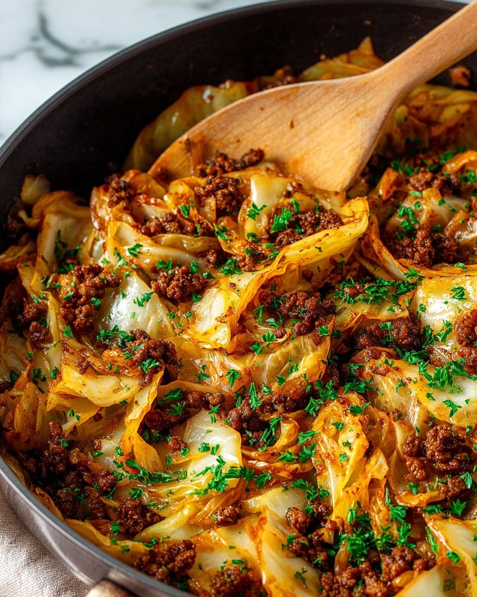 A close-up image of a cooked dish in a black pan showing two main layers: large pieces of golden to light brown cooked cabbage with a soft, slightly wilted texture on the top and bottom, mixed with dark brown crumbly cooked ground meat scattered throughout. The dish is sprinkled with bright green chopped parsley evenly across the top, adding a fresh contrast to the warm tones of the cabbage and meat. A wooden spoon with a smooth texture, partially covered by the dish, rests on the right side inside the pan. The photo is taken on a white marbled surface. Photo taken with an iphone --ar 4:5 --v 7