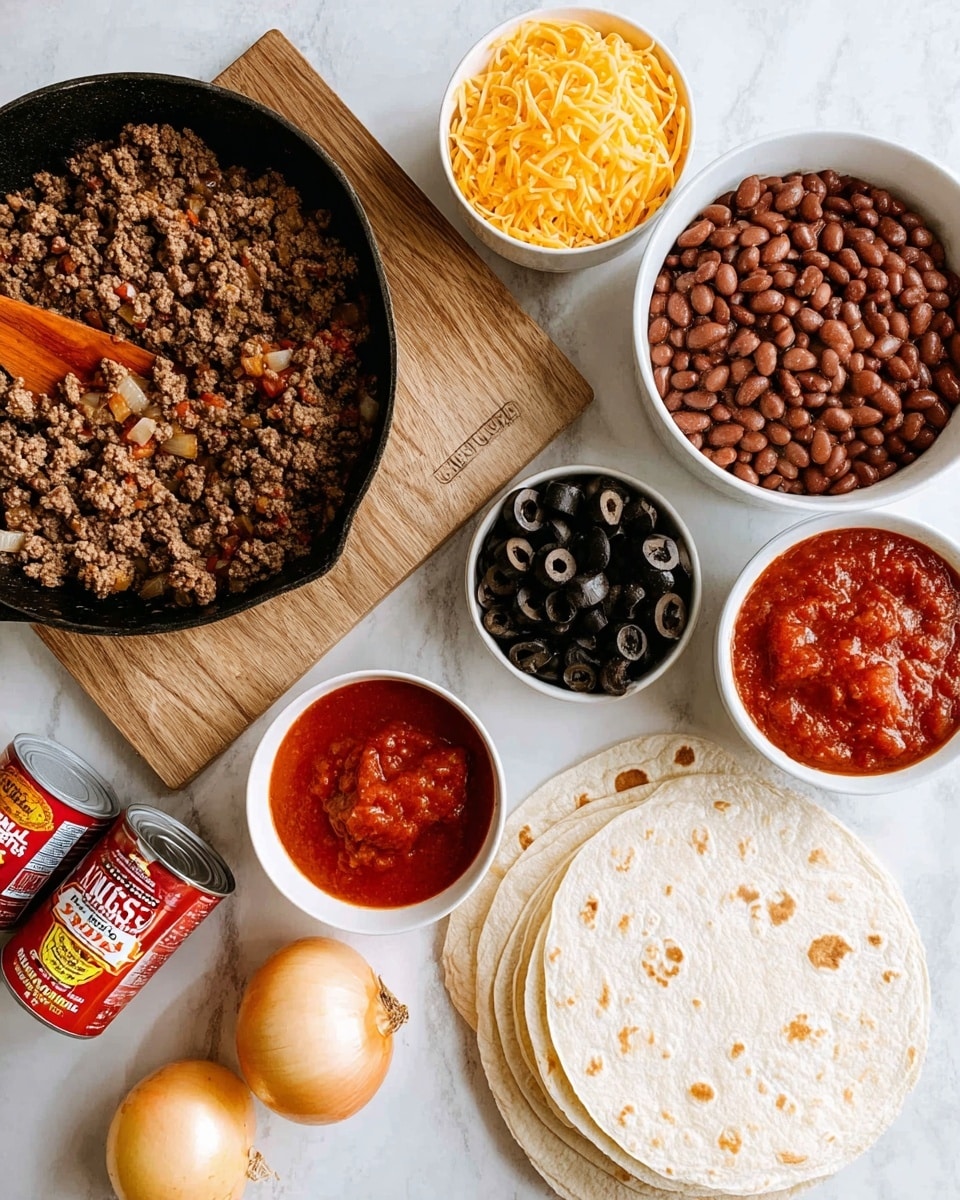 The image shows ingredients for a Mexican dish arranged on a white marbled surface. On the left is a black cast iron skillet filled with cooked ground beef mixed with small pieces of onions, sitting on a wooden board with a wooden spoon inside. Nearby, there is a small white bowl full of shredded yellow cheddar cheese. Next to it is another white bowl filled with dark sliced black olives. Above the olives is a larger white bowl packed with brown baked beans in sauce. To the right of the beans is a smaller white bowl of chunky red salsa. Two cans of Old El Paso red enchilada sauce are placed near the bottom right. In the lower right corner, there is a neat stack of white flour tortillas with light brown spots. Two whole onions are placed at the bottom left. Photo taken with an iphone --ar 4:5 --v 7