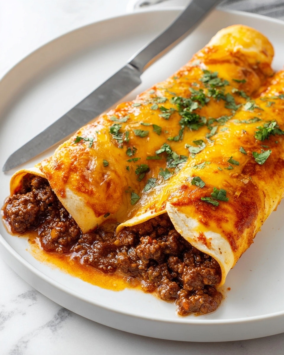 The image shows two rolled tortillas filled with a thick, dark brown ground meat mixture with small pieces of onion and pepper visible inside, placed side by side on a white plate. The tortillas are covered with melted yellow-orange cheese and a layer of red sauce that glistens under the light. Fresh green chopped cilantro is sprinkled on top, adding a fresh touch. The plate is on a white marbled surface, and a silver knife is placed next to the tortillas. The dish looks warm, cheesy, and rich in flavor photo taken with an iphone --ar 4:5 --v 7