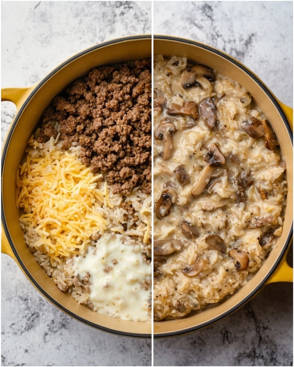 The image shows two side-by-side views of a yellow pot on a white marbled surface. On the left side, the pot is filled with separate layers including browned ground meat on the top right, white creamy sauce on the bottom right, light yellow shredded cheese on the bottom left, cooked rice with small mushroom pieces in the center and scattered mushrooms. On the right side, the same ingredients are fully mixed together, showing a thick, creamy, beige mixture with bits of meat and mushrooms visible. photo taken with an iphone --ar 4:5 --v 7