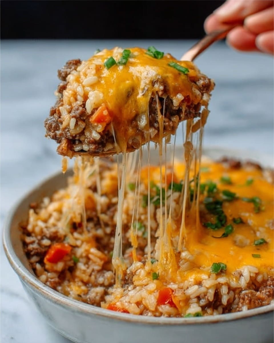The dish shows a white bowl filled with a layered cheesy casserole. The base layer is a mix of cooked beige rice and browned ground meat with bits of orange and red vegetables. Above this is a thick layer of melted yellow cheese, stringy and stretchy, with small green chopped herbs scattered on top. A woman's hand is lifting a big spoonful, pulling up gooey, melted cheese strands from the bowl. The background surface is a white marbled texture. Photo taken with an iphone --ar 4:5 --v 7