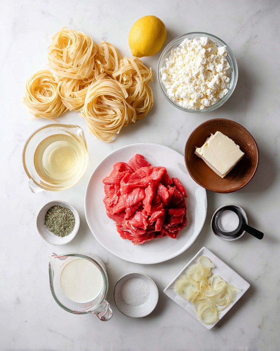 The image shows several raw food ingredients arranged neatly on a white marbled surface. At the center is a white plate stacked with bright red sliced raw meat. Above the plate are five nests of pale yellow uncooked pasta, looking soft and smooth. To the top right is a glass bowl filled with white crumbly cheese. Near the cheese is a small brown dish with a dollop of pale butter. A small white bowl holds a creamy white liquid, likely milk, placed below the butter dish. There is a clear glass measuring cup filled with a light yellow clear liquid, possibly oil, at the bottom left. Next to the meat plate on the left are two small white bowls, one with dried green herbs and the other with thin pale yellow slices of garlic. To the bottom right, a small white square dish holds white granulated salt with a black measuring spoon resting inside it. A whole bright yellow lemon sits at the top left corner. photo taken with an iphone --ar 4:5 --v 7