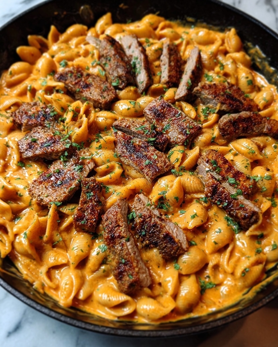 The image shows a close-up of a pan filled with creamy pasta and grilled meat slices on top. The pasta is shell-shaped, coated in a smooth orange sauce with a shiny, slightly thick texture, filling the bottom layer. On top of the pasta are several pieces of grilled meat, browned with visible grill marks, arranged evenly across the dish. Small pieces of green herbs are sprinkled over both the sauce and meat, adding a touch of color. The pan is black, with the food taking center focus, and the background is a white marbled surface. Photo taken with an iphone --ar 4:5 --v 7