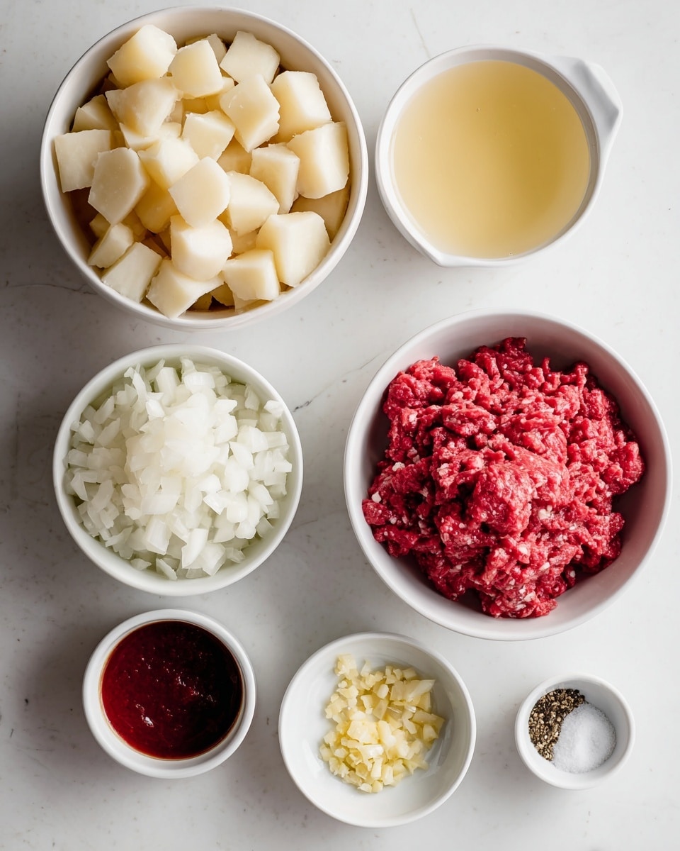 This image shows six white bowls on a white marbled surface. The largest bowl, at the bottom left, holds many pieces of light beige diced potatoes. To the right of it is a medium white bowl filled with bright red raw ground beef with visible texture. Above these, a medium white bowl contains a pile of finely chopped white onions. To the right of this is a smaller white bowl with a pale yellow liquid, likely broth. Below the onions, a very small white bowl holds a dark red sauce. Next to it is another very small white bowl with minced light yellow garlic. To the right of the potatoes and beef is a tiny white bowl containing divided black pepper and white salt. All the bowls have simple round shapes, and the ingredients show clear color contrasts. Photo taken with an iphone --ar 4:5 --v 7