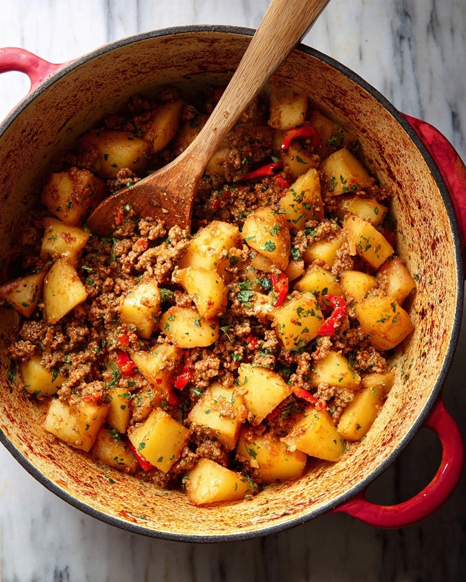 A large round red pot filled with cooked pieces of light golden yellow potato chunks mixed with crumbled browned meat and small bits of red pepper, speckled with green herbs. A wooden spoon with a long handle is placed inside the pot, resting on top of the food. The pot is placed on a white marbled surface. The edges of the pot show a bit of reddish residue from cooking. photo taken with an iphone --ar 4:5 --v 7