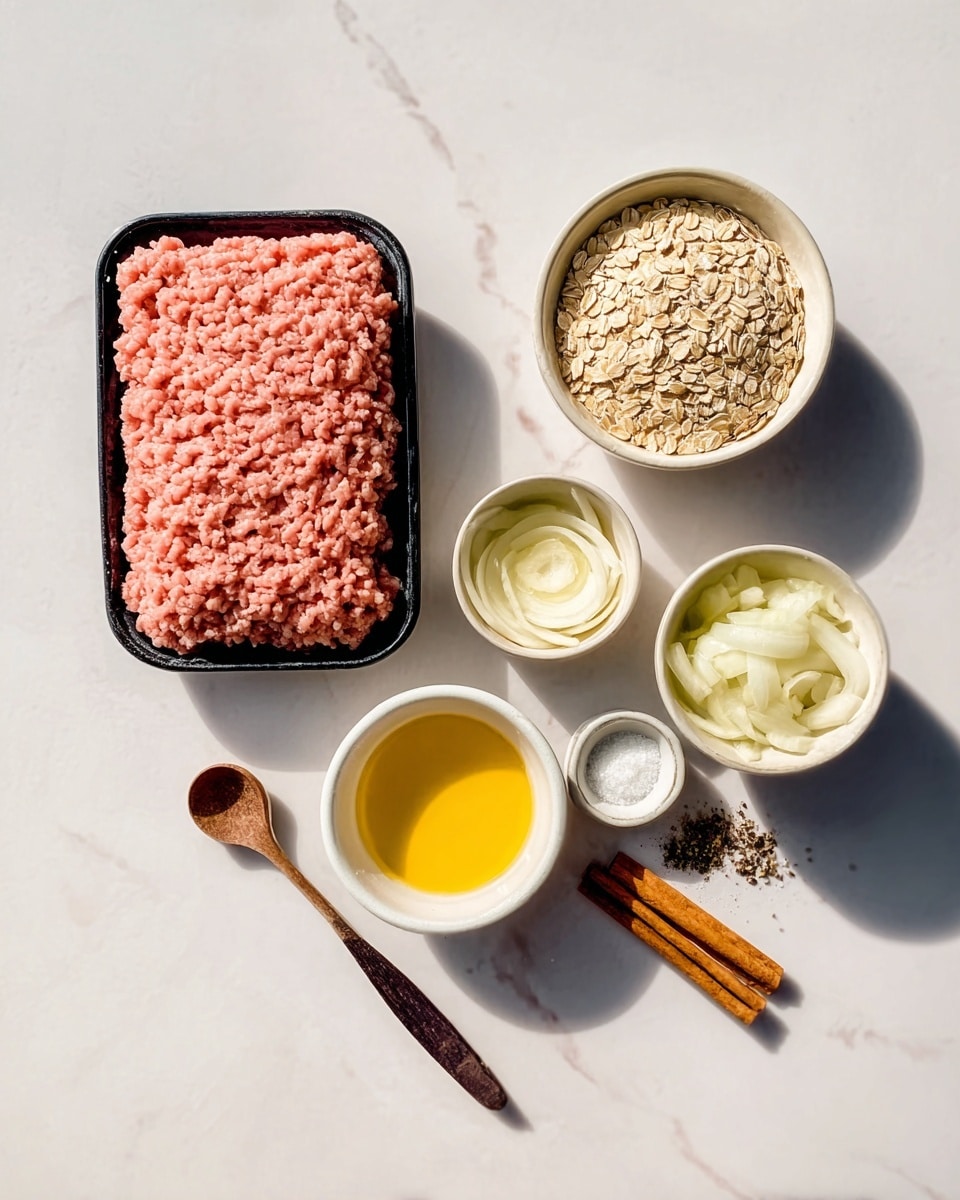 The image shows several ingredients placed neatly on a white marbled surface. There is a black plastic tray filled with pink ground meat on the left side. To the right of the tray are three small white bowls: the top bowl contains light brown oats, the middle bowl has thin white onion slices, and the bottom bowl holds a bright yellow liquid, likely egg yolk. Below these bowls is a small white bowl filled with chopped pale onions. Near the bottom right of the image, there are two whole cinnamon sticks and a small white bowl with a mixture of salt and black pepper. A wooden spoon with a dark handle rests nearby. Sunlight creates soft shadows across the scene. Photo taken with an iphone --ar 4:5 --v 7