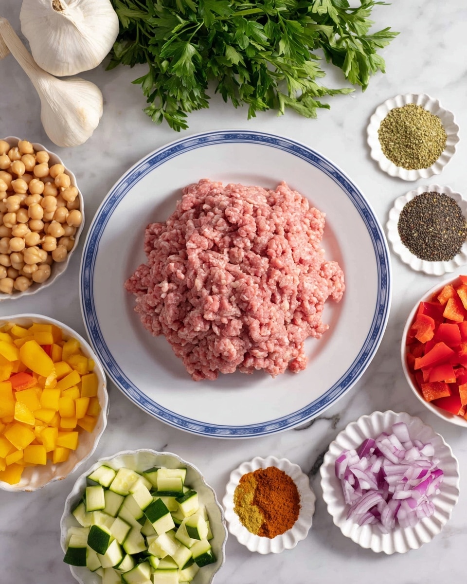 The image shows a white plate with a blue rim in the center holding a mound of pink ground meat. Surrounding the plate are five small bowls: one with light brown chickpeas, one with yellow and red diced bell peppers, one with green and white chopped zucchini, one with chopped purple onions, and one white scalloped bowl with several colorful spices including red, brown, green, and black powders and seeds arranged distinctly. There is a bunch of parsley and garlic bulbs in the top left corner on a white marbled surface. Photo taken with an iphone --ar 4:5 --v 7