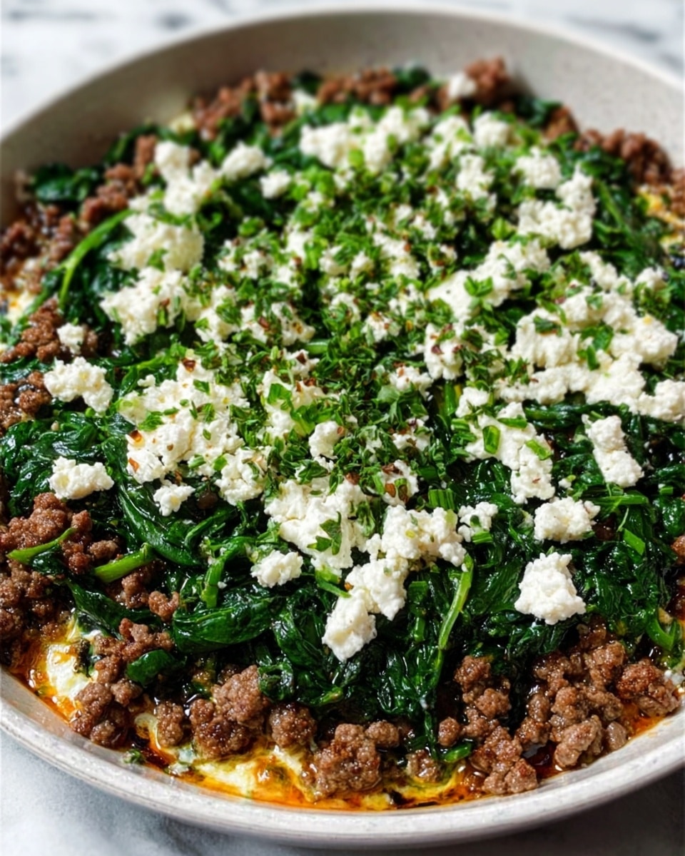 The dish shows a white bowl filled with a rich mixture of cooked ground meat at the bottom, layered with wilted green spinach spread evenly on top. Over the spinach, there are small white soft cheese crumbles scattered all around. Garnished with finely chopped green herbs, the layers create a mix of brown, green, and white colors with a slightly oily texture visible on the meat. The bowl is placed on a white marbled surface. Photo taken with an iphone --ar 4:5 --v 7