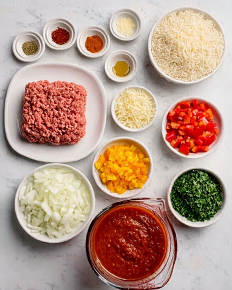 A white plate holds a neat square of raw ground meat at the bottom left, next to a large clear glass measuring cup filled with thick red sauce on the right. Above them are bowls arranged in layers: on the bottom row, a bowl with chopped white onions to the left and a bowl with chopped red bell peppers in the middle, plus a bowl filled with cooked rice to the right. Above that, a row includes a bowl with shredded white cheese, a bowl of yellow diced vegetables, and a bowl filled with finely chopped green herbs. The top row has several small white bowls containing olive oil, crushed red spices, mixed green herbs, salt, white granulated seasoning, and minced white garlic. All items are placed on a white marbled surface. photo taken with an iphone --ar 4:5 --v 7