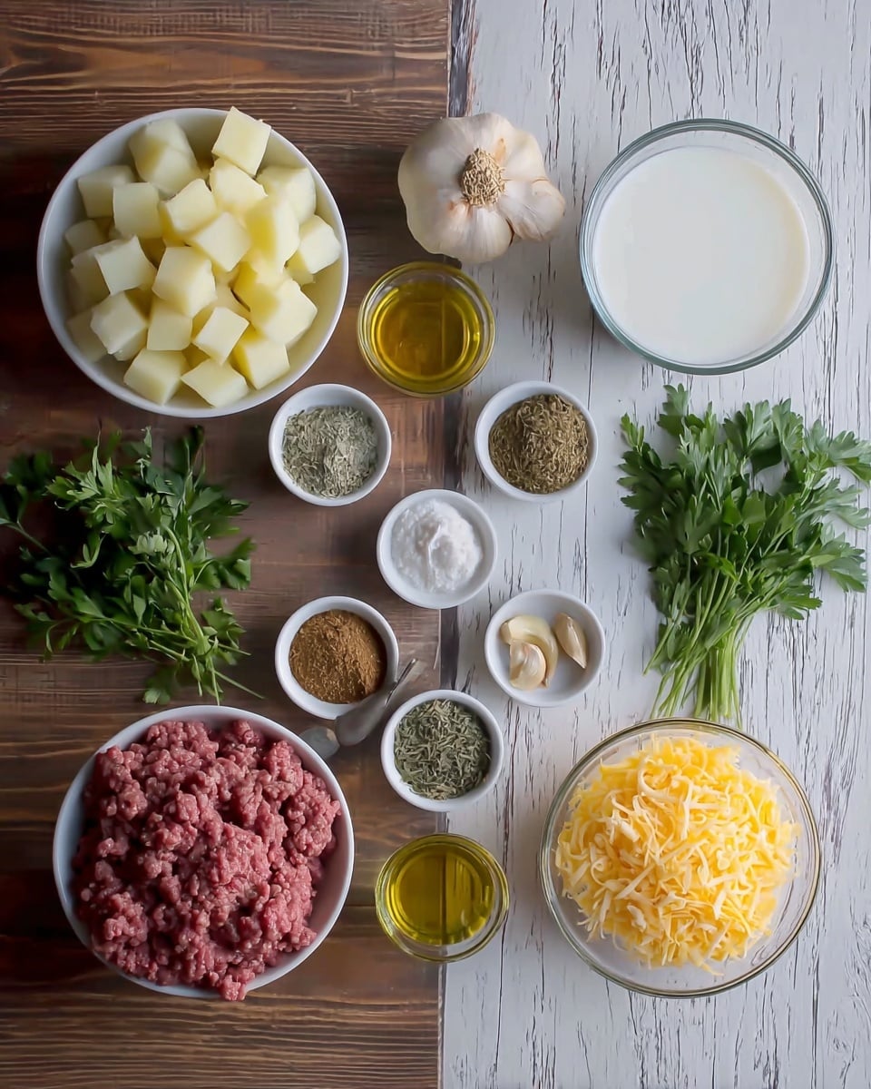 The image shows an overhead view of several ingredients neatly arranged on a wooden surface with a white marbled texture added. There are two white bowls on the left side filled with cubed white potatoes on top and raw ground meat below. Toward the center, there are four small white bowls containing various spices and dried herbs, along with two glass containers holding golden oil, placed next to a whole garlic bulb and another white bulb. To the right, a clear glass bowl contains shredded yellow cheese, and fresh green parsley leaves lay next to it. A larger glass bowl filled with white cream or milk is also visible toward the top right. The presentation is simple and organized, and the photo taken with an iphone --ar 4:5 --v 7