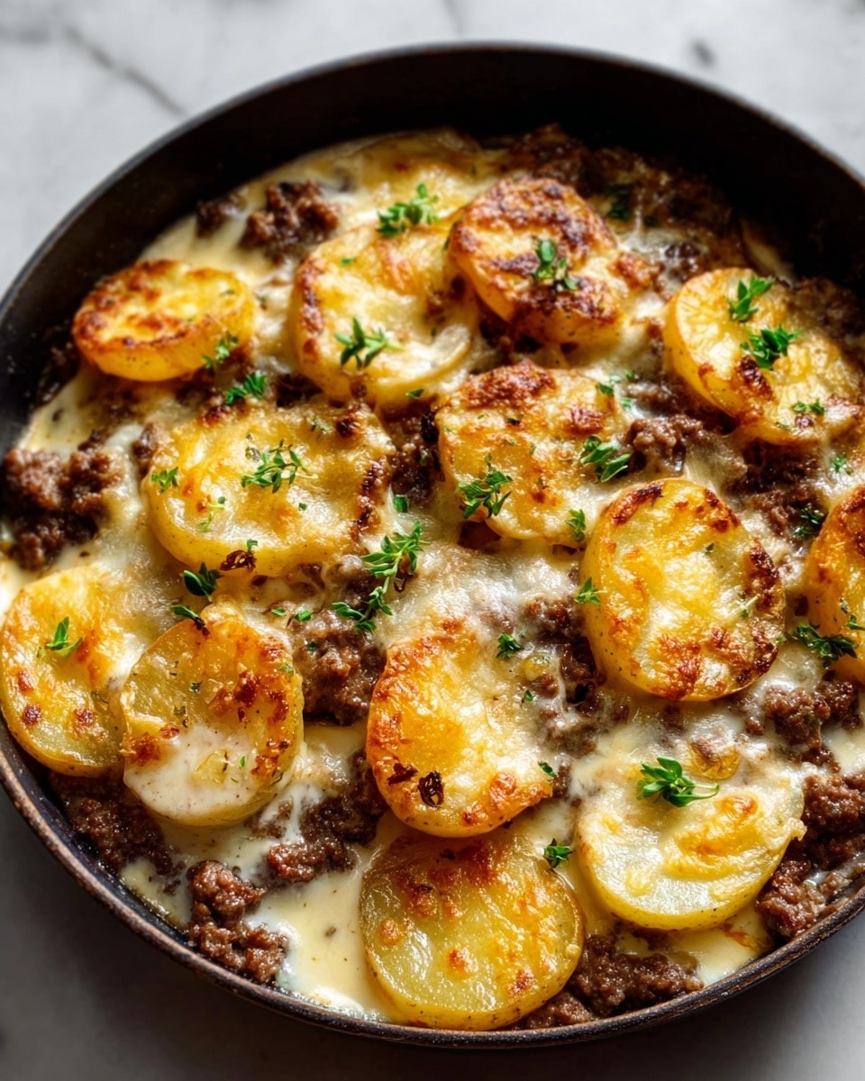 The dish is in a black round pan on a white marbled surface. It has several layers, starting at the bottom with cooked ground meat, dark brown and crumbly. On top of the meat, there are plenty of golden-brown sliced potatoes with a slight crisp on the edges. Over the potatoes, melted cheese covers the dish in a creamy, light yellow layer with some bubbles and browned spots. Small green herbs are sprinkled over the cheese, adding a fresh touch. The colors are rich and warm, showing a mix of crispy and soft textures. photo taken with an iphone --ar 4:5 --v 7