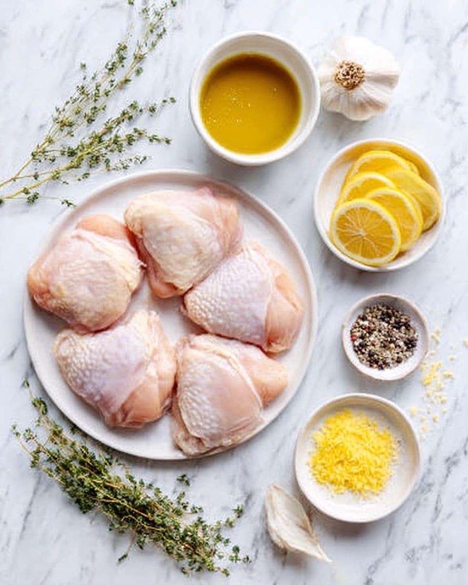 The image shows six raw chicken thighs with light pink skin arranged on a white plate placed on a white marbled surface. Around the plate are small white bowls with different items: one bowl has a golden yellow sauce, another bowl has fresh yellow lemon slices, and the last bowl contains lemon zest. There are also sprigs of thyme scattered around, small piles of coarse black and white pepper next to a bulb of garlic. A woman's hand is holding one lemon slice near the top right corner. The photo is taken with an iPhone --ar 4:5 --v 7