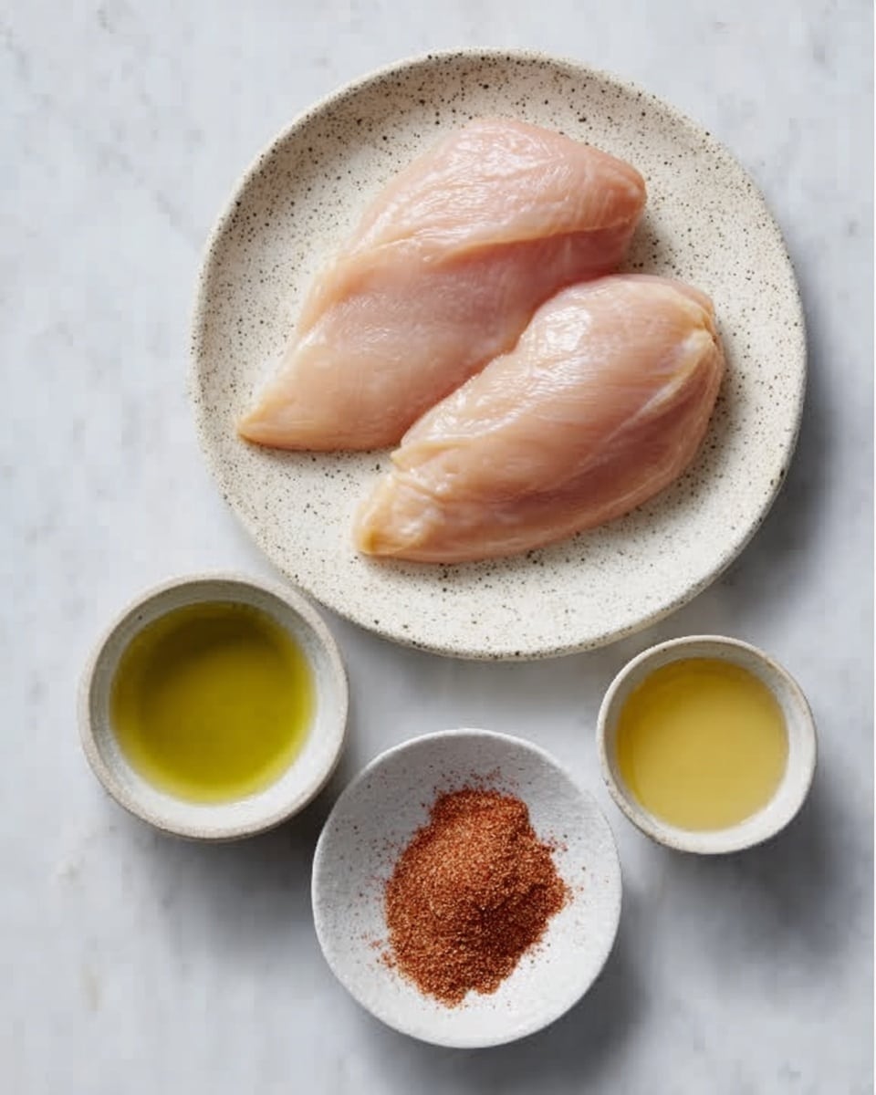 Two raw chicken fillets with a smooth, pale pink color lay side by side on a white speckled plate. Below the plate are three small white bowls; the left bowl holds a clear yellow-green liquid, the middle bowl has a pile of reddish-brown powder, and the right bowl contains a lighter yellow liquid, all placed on a white marbled surface. The photo taken with an iphone --ar 4:5 --v 7