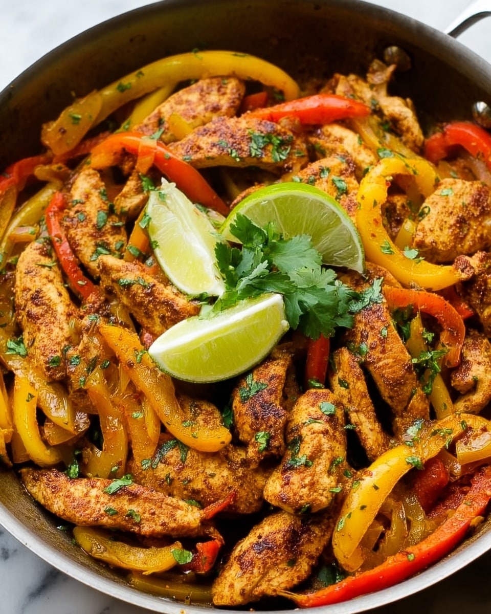 The dish shows cooked pieces of seasoned chicken in the bottom layer in a pan, browned on the outside with a slightly crispy texture. Mixed throughout the chicken are thin slices of yellow and red bell peppers with a soft, cooked look. On top, there are two lime wedges with bright green color and a small bunch of fresh cilantro leaves, adding a fresh touch. The pan sits on a white marbled surface. Photo taken with an iphone --ar 4:5 --v 7