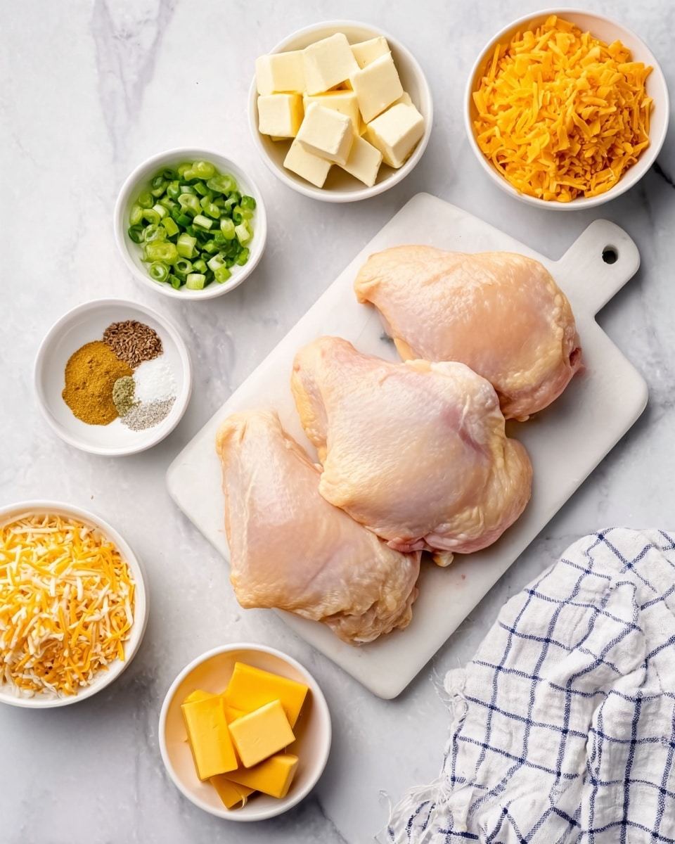 A white cutting board on a white marbled surface holds three raw chicken pieces with a smooth, pale pink color. Around the board are small white bowls containing butter cubes, brown spice powder, chopped green onions, and yellow mustard. To the top right, a white bowl is filled with orange cheese cubes. At the bottom, three white bowls contain melted yellow butter, shredded orange cheddar cheese, and shredded white cheese. A woman's hand is slightly touching one chicken piece, and a white and blue checkered cloth is partly visible on the right side. Photo taken with an iphone --ar 4:5 --v 7