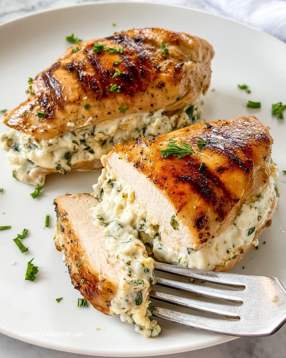 The image shows two grilled chicken pieces on a white plate with a white marbled background. Each piece has a golden-brown outside layer with light grill marks and is stuffed with a creamy white filling that has small green herb bits and slightly melted texture. The filling is thick and creamy, oozing slightly out from the chicken. There are small green parsley leaves sprinkled on top of the chicken and plate for garnish. A metal fork is placed on the plate, piercing the filling of one chicken piece, revealing the creamy inside. photo taken with an iphone --ar 4:5 --v 7