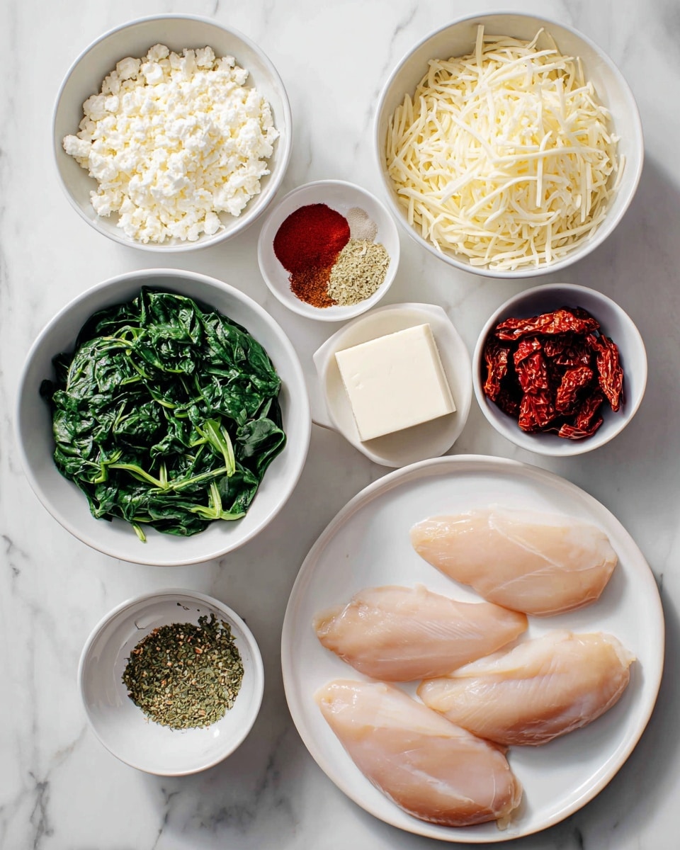 The image shows seven white bowls and plates arranged on a white marbled surface and containing raw ingredients. At the bottom right, there is a white plate with four raw pale pink chicken breasts. At the center is a small white plate holding a square block of white cheese. To the left is a white bowl filled with dark green chopped spinach. Above this bowl is another white bowl with crumbled white cheese. Above the spinach and cheese is a white bowl with shredded pale yellow cheese. To the right of the block of cheese is a white bowl filled with shredded pale yellow cheese. Next to it on the right is a smaller white bowl filled with dark red sun-dried tomatoes. Above these, a white bowl holds three spices in separate sections: red, light brown, and green dried herbs. All the bowls and plates sit neatly on the white marbled surface. photo taken with an iphone --ar 4:5 --v 7