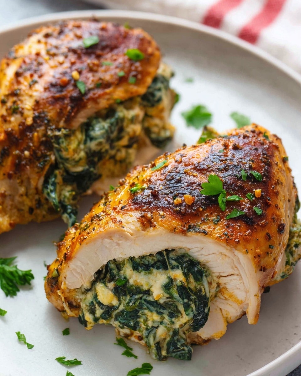 A close-up of two cooked chicken pieces on a white plate with a white marbled texture background. Each piece has a golden-brown outer layer with a slightly crisp, spotted texture from seasoning and cooking. Inside, there is a creamy filling mixed with wilted green spinach, visible where the chicken is stuffed and sliced open. Small green parsley leaves are scattered on top and around the chicken, adding a fresh touch. A red and white striped cloth is partially visible in the background. Photo taken with an iphone --ar 4:5 --v 7