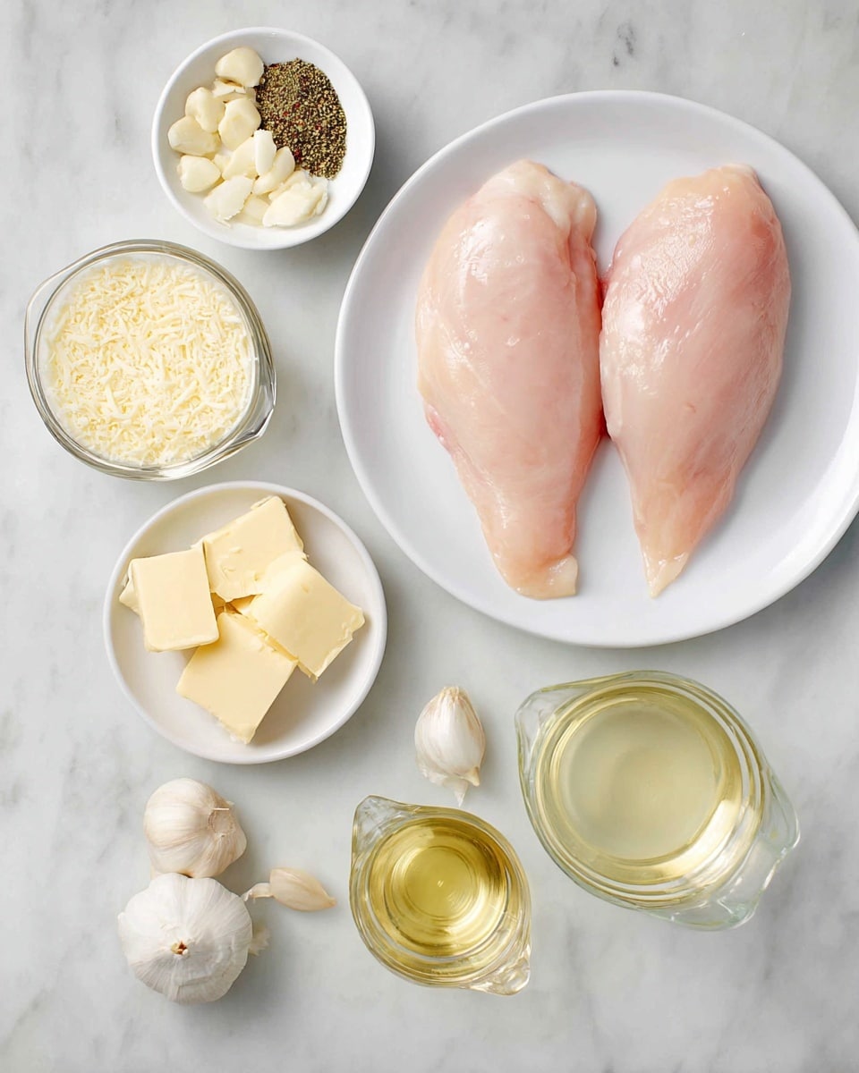 The image shows raw chicken pieces on a white plate in the top right, with two medium pink chicken breasts side by side, smooth and slightly shiny. Around the plate, there are small white bowls with dry herbs, peeled garlic cloves, and grated cheese. Two small white bowls hold square pieces of pale yellow butter near the center. Clear glass measuring cups with light yellow liquid and white cream are placed on the white marbled surface beneath the bowls. The overall arrangement is neat and bright, highlighting the ingredients clearly. Photo taken with an iphone --ar 4:5 --v 7