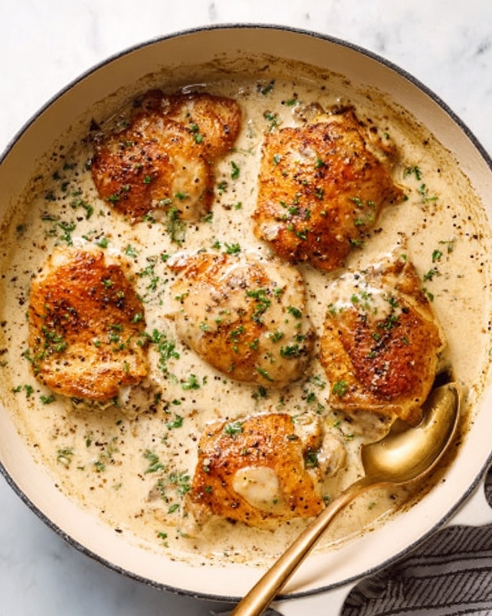 A white pan filled with six large pieces of golden brown chicken in creamy light beige sauce with visible black pepper and sprinkled green herbs. A golden spoon rests on the right side in the sauce. The white marbled surface surrounds the pan. photo taken with an iphone --ar 4:5 --v 7