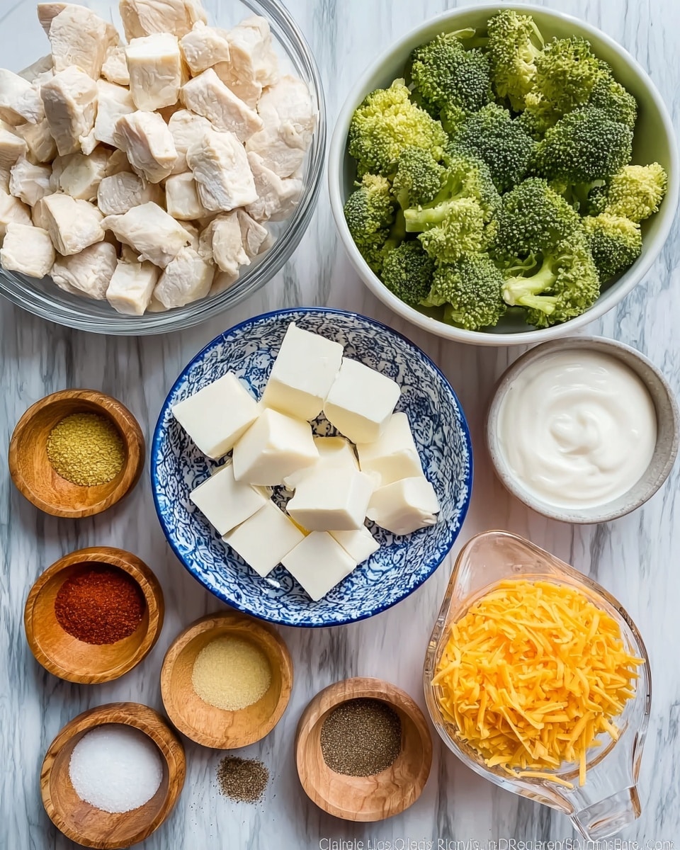 The image shows several small bowls and dishes arranged on a white marbled surface. There is a large clear glass bowl filled with cubed white cooked chicken on the top left. Below it is a white bowl with fresh green broccoli florets. In the center, there is a white bowl with a blue patterned rim, filled with large white cream cheese cubes. Below that is a clear measuring cup holding shredded orange cheddar cheese. Around these, there are six small bowls: three wooden bowls containing fine light yellow seasoning, white salt, and a lighter yellow seasoning, and three white bowls filled with black pepper, reddish paprika powder, and white sour cream. The arrangement is neat and colorful, with different textures from soft cheese to fresh vegetables, set against the clean white marbled background. Photo taken with an iphone --ar 4:5 --v 7
