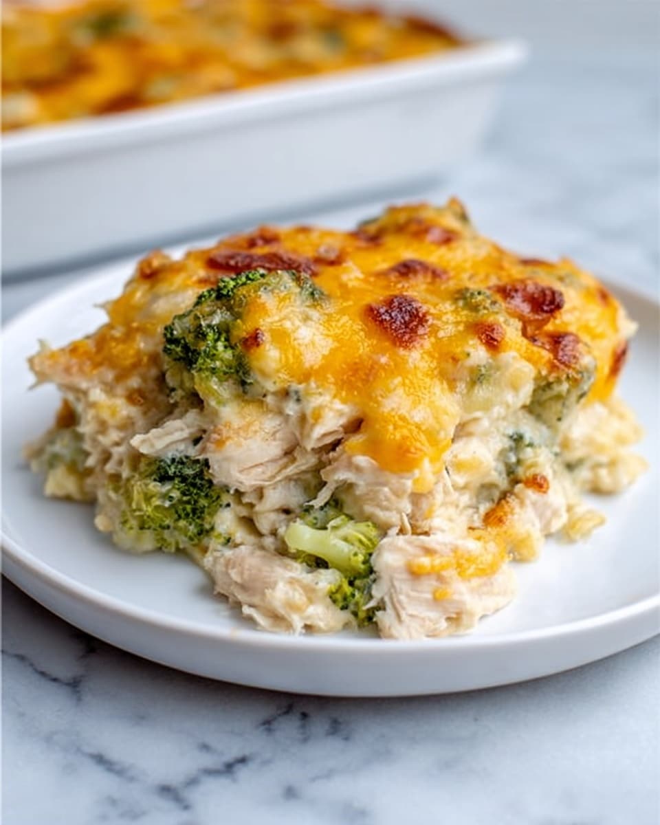 The image shows a white plate with a serving of baked casserole. The casserole has three main layers: the bottom layer consists of white shredded chicken and small green broccoli pieces mixed together; the middle layer is creamy and light yellow in color, likely cheese sauce; the top layer is crispy, golden-brown melted cheese with small browned spots and bits of broccoli scattered around. The background is a white marbled surface. Photo taken with an iphone --ar 4:5 --v 7