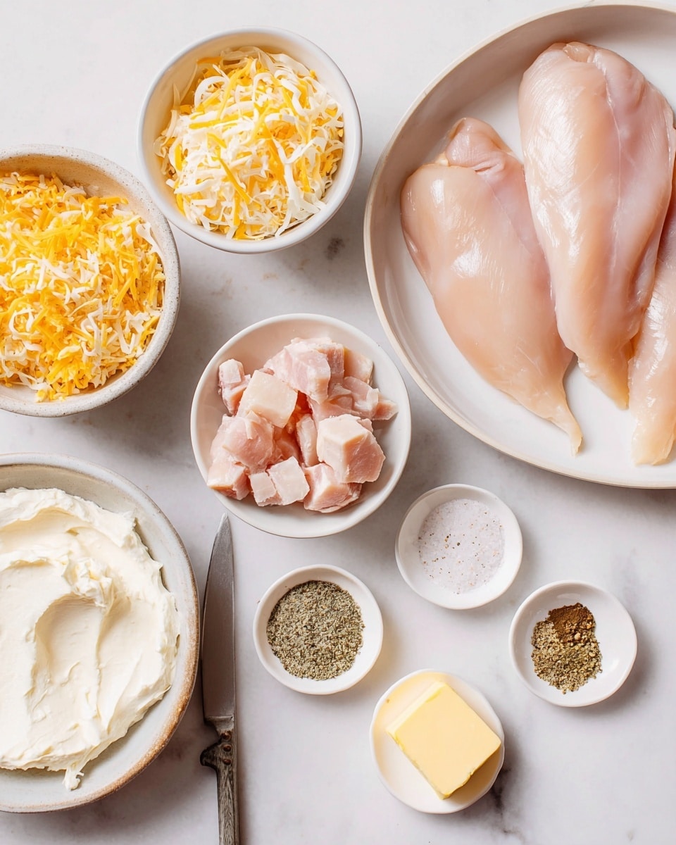 The image shows several small white bowls with cooking ingredients arranged on a white marbled surface. In the top right, a white bowl holds three large raw, light pink chicken fillets. To its left is a white bowl filled with a mix of shredded yellow and white cheese. Below the chicken, a white bowl contains small pale pink cubed meat pieces. Near the bottom left is a white bowl with a thick layer of smooth, creamy white spread and a knife resting on its edge. Small dishes around these larger bowls hold white granulated salt, mixed dry spices with green and beige tones, ground black pepper, and a small pat of yellow butter. The display is bright with soft shadows and even lighting, photo taken with an iphone --ar 4:5 --v 7