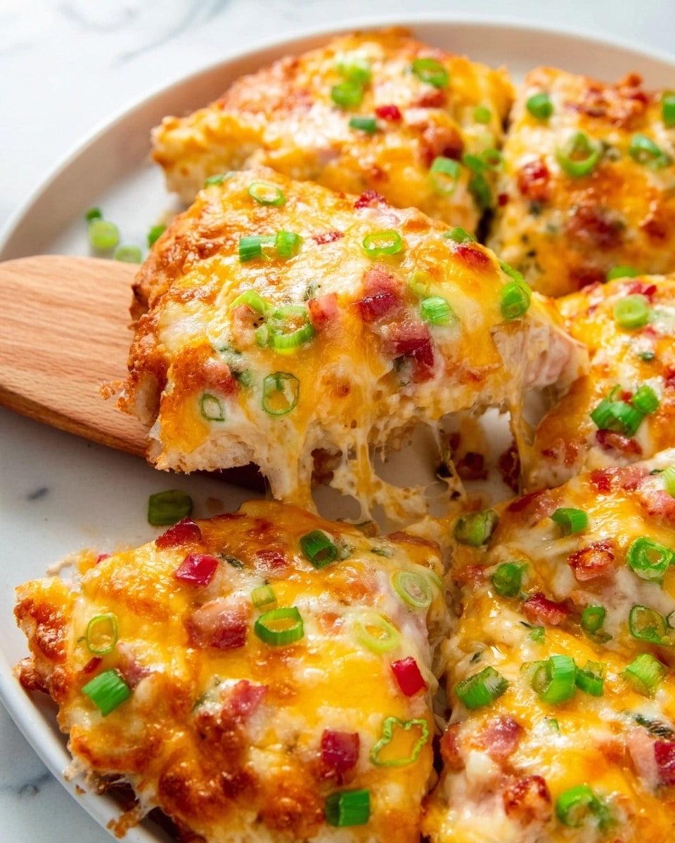 The image shows cheesy baked pizza slices being served from a white plate on a white marbled surface. The pizza has multiple layers: a golden-brown crust at the base, then melted cheese covering the entire surface with a bubbly texture, topped with small green onion pieces and small red diced pieces scattered evenly. The woman's hand holds a wooden spatula lifting one slice, showing thick, stretchy cheese. The lighting is bright, highlighting the melted cheese’s shine and the fresh look of the toppings. photo taken with an iphone --ar 4:5 --v 7