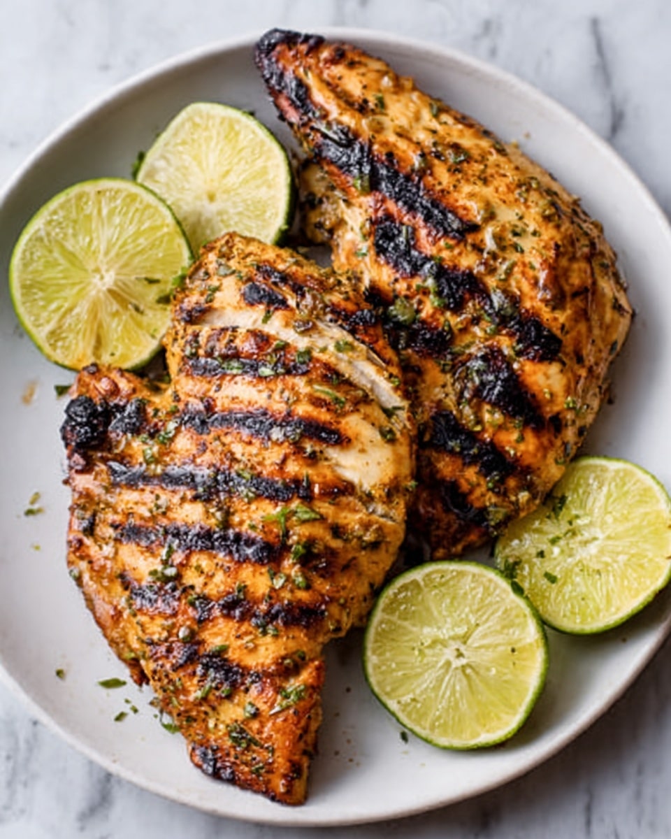The image shows two grilled chicken pieces with dark char lines and a golden-brown color, placed on a white plate. The chicken is lightly sprinkled with green herbs and coarse seasoning, giving texture to the surface. Three lime wedges with bright yellow-green skin are arranged around the chicken, adding contrast. The plate sits on a white marbled surface that adds subtle pattern in the background. The photo taken with an iphone --ar 4:5 --v 7