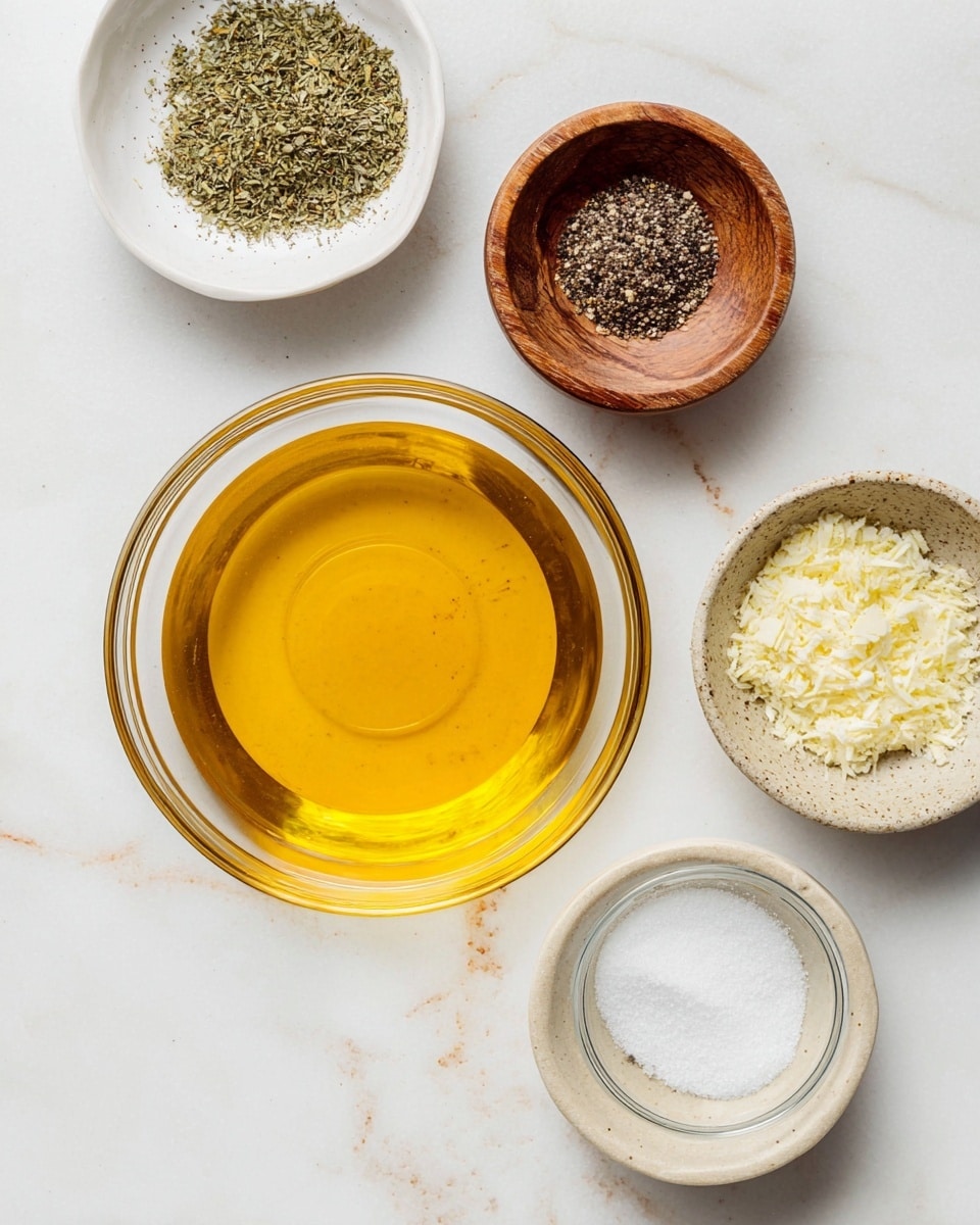 A clear glass bowl filled with bright golden-yellow oil sits in the center on a white marbled surface. Surrounding this bowl are four smaller bowls arranged loosely around it: a white bowl with green dried herbs on the left, a wooden bowl with white coarse salt at the top right, a beige bowl with finely grated pale yellow garlic on the right, and a small clear glass bowl with white granulated sugar at the bottom center. A white bowl with ground black pepper is seen at the top center above the wooden bowl. The arrangement is simple and neat, showing the different textures and colors of the ingredients clearly. Photo taken with an iphone --ar 4:5 --v 7