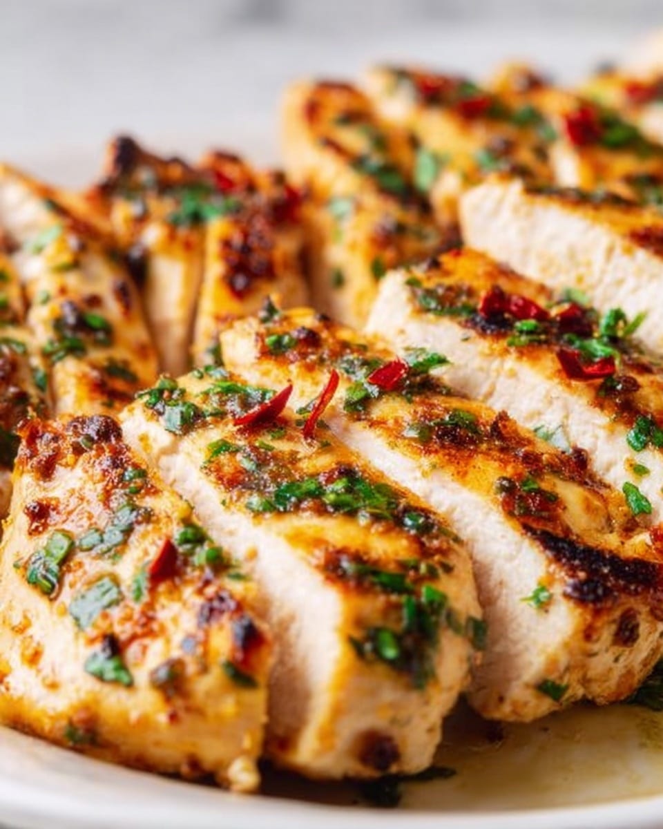 The image shows a close-up view of cooked chicken pieces arranged on a white plate, placed on a white marbled surface. The chicken is sliced into thick pieces with a golden-brown grilled texture on top, garnished with finely chopped green herbs and a few red chili flakes sprinkled evenly over the surface. The chicken’s outer layer is slightly charred and crispy, contrasting with the soft white inside. The pieces are stacked closely, filling the plate with a warm and appetizing look. photo taken with an iphone --ar 4:5 --v 7