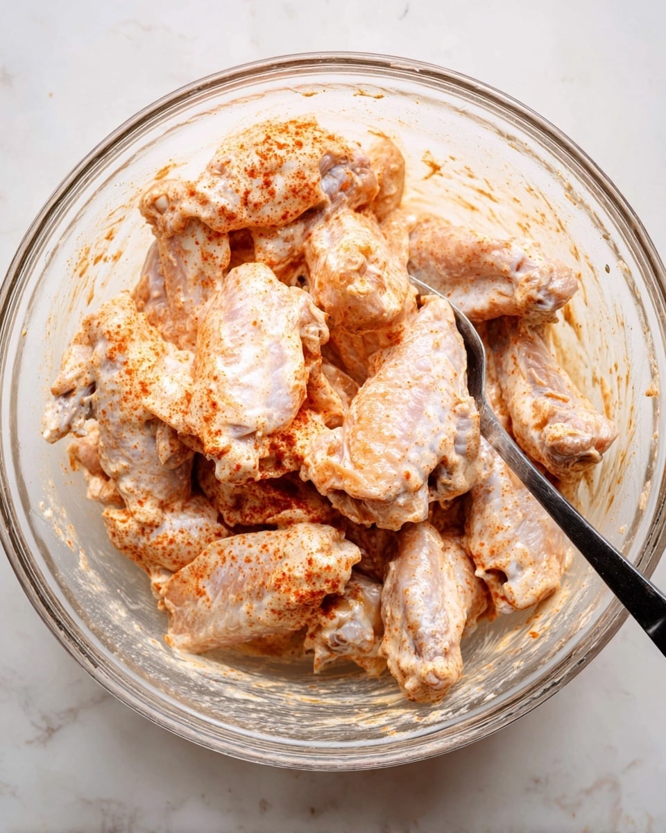 A clear glass bowl filled with pieces of raw chicken wings coated in a light creamy sauce with a reddish-brown spice mix, showing a rough textured marinade. A black spoon is partially dipped into the mixture, resting on the side of the bowl. The bowl sits on a white marbled surface, adding a clean and bright background. Photo taken with an iphone --ar 4:5 --v 7